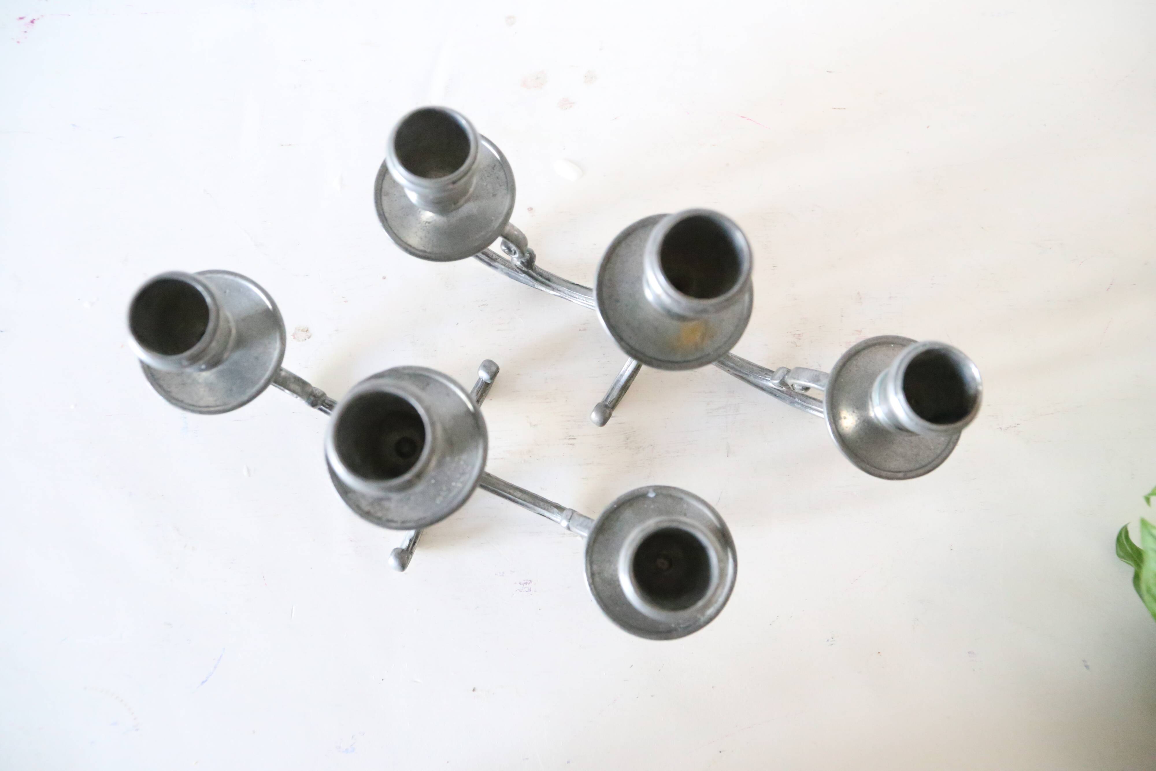 Duo of tin candlesticks, 3 lights, Gothic motifs, vintage