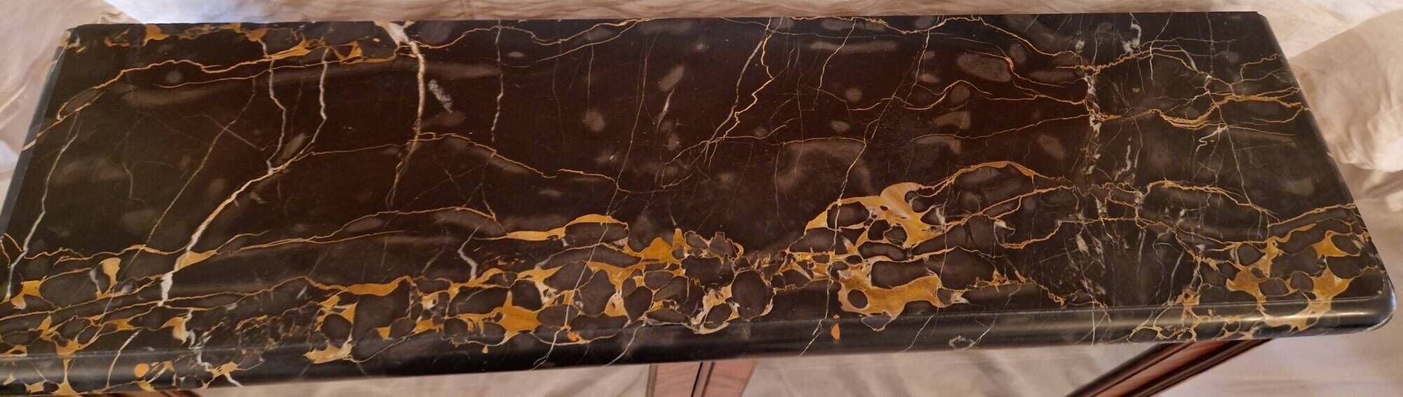 Napoleon III display cabinet in marquetry, Louis XV style, black marble, gilded bronze.