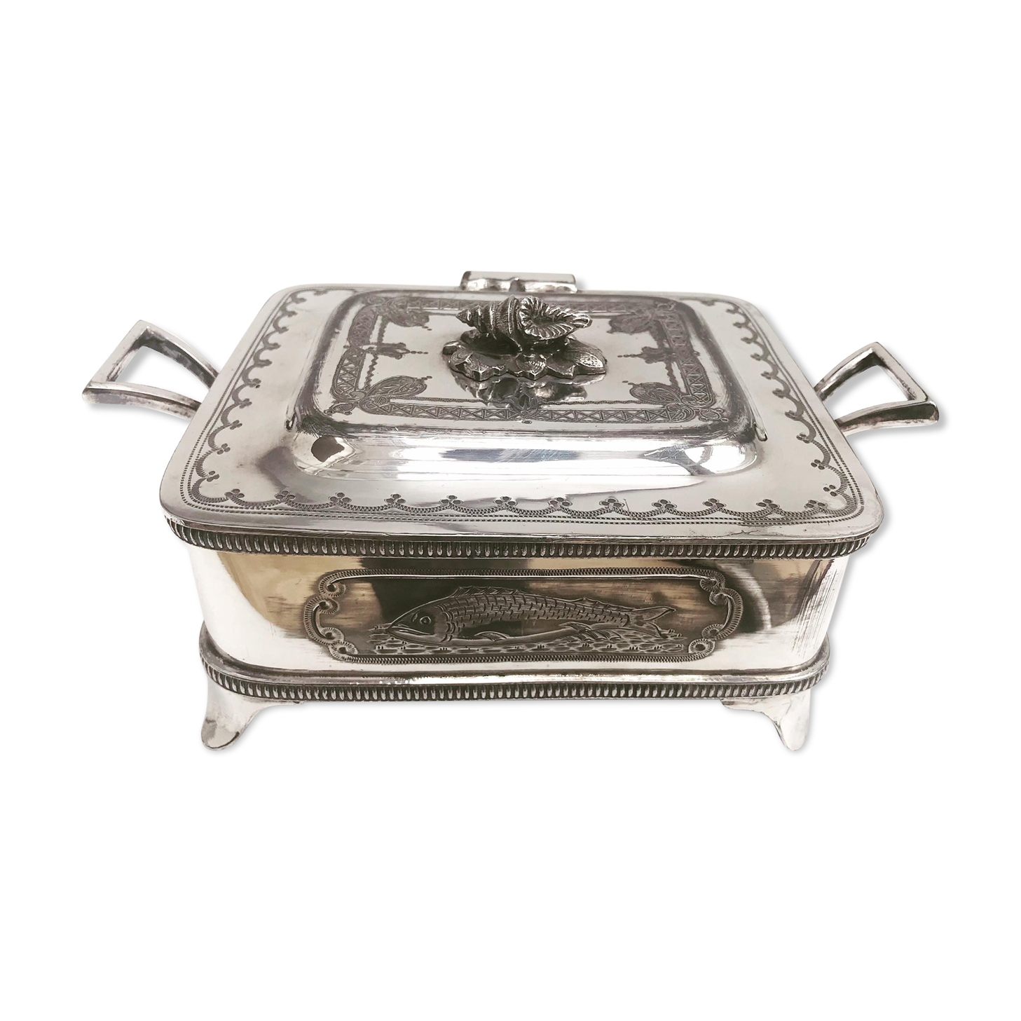 Victorian sardine box silver metal flat butter and glass insert Walker and Hall