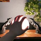 Art deco lamp, marble, globe, opaline and greyhounds in regulation, 1930