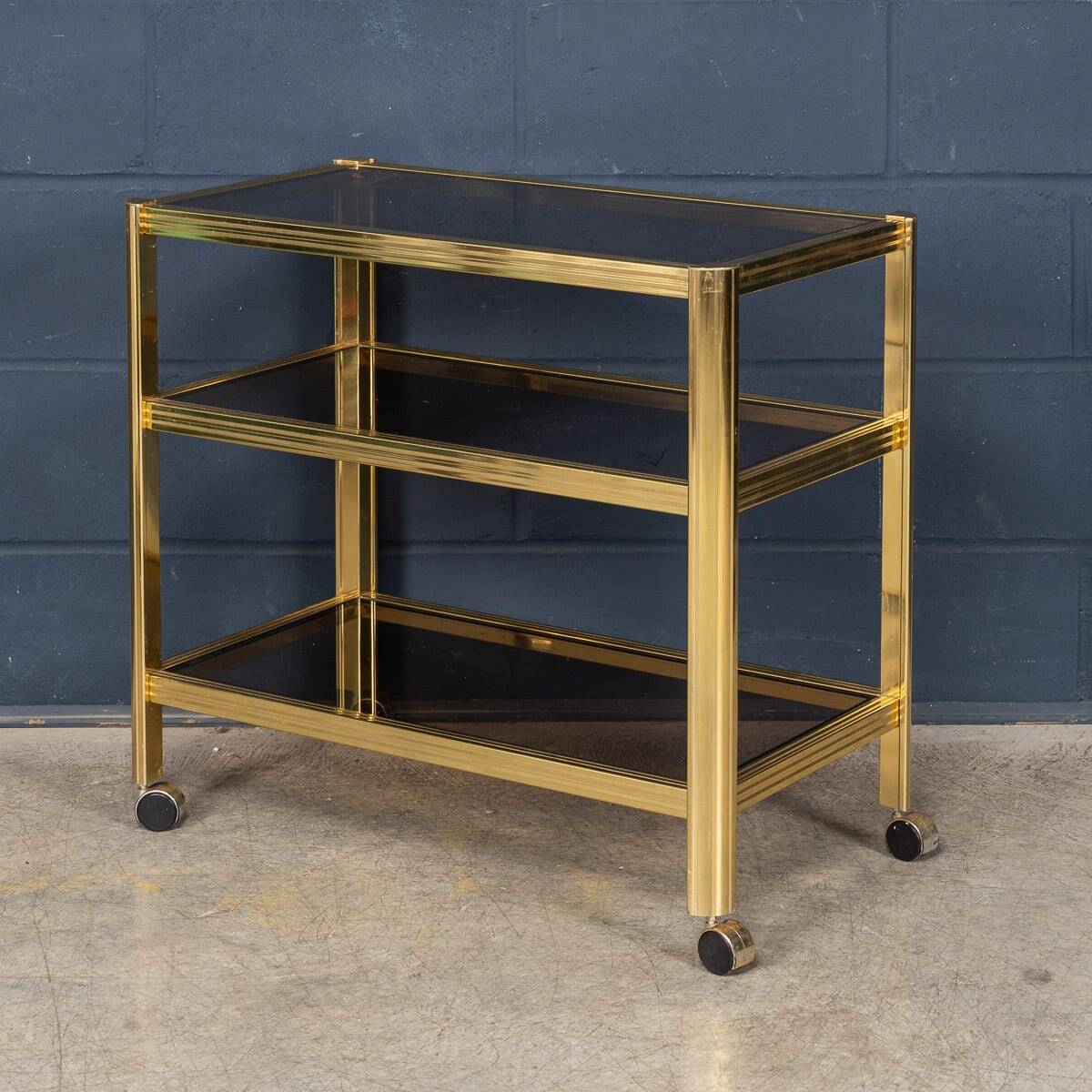 20thC BRASS & SMOKED GLASS DRINKS TROLLEY ATTRIBUTED TO MAISON JANSEN c1970