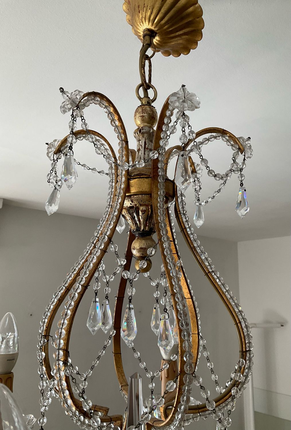 Old Venetian chandelier with Bohemian crystal tassels and gilded wood