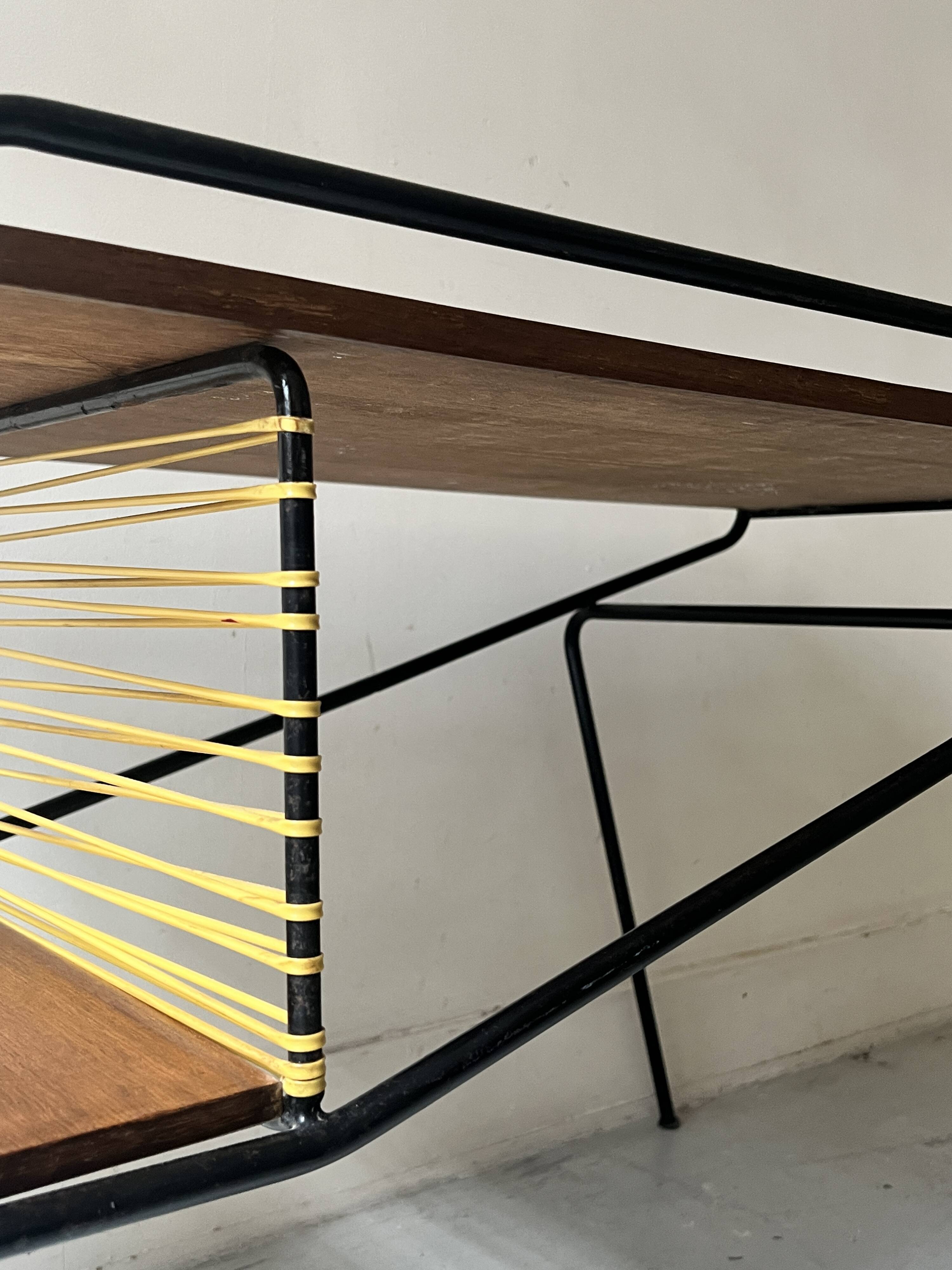 Modernist TV/Hifi table in wood & metal by J. Hitier, French design 1950.