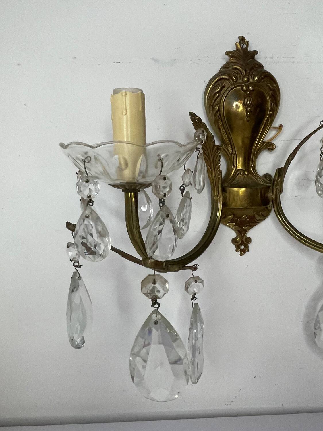 Pair of bronze and crystal wall lights