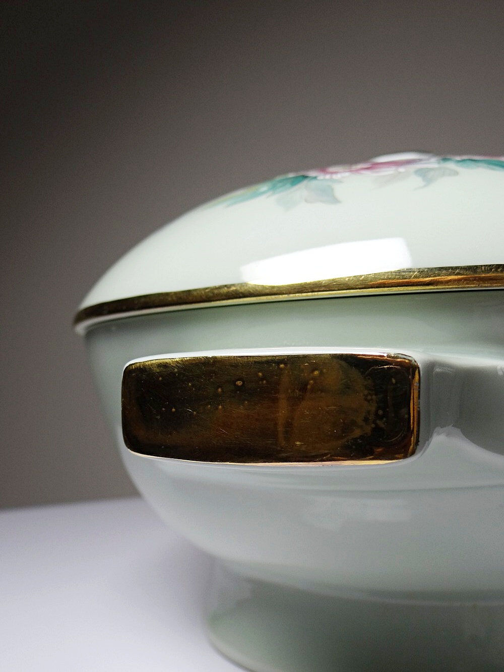 Soupière style art déco décor floral porcelaine céladon vintage Limoges France