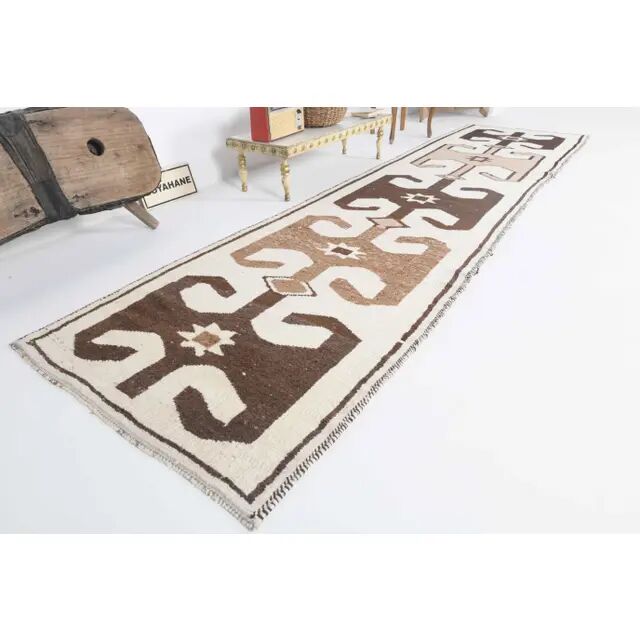 Vintage Turkish Oushak Handmade Wool Cotton White Runner Rug 99x390