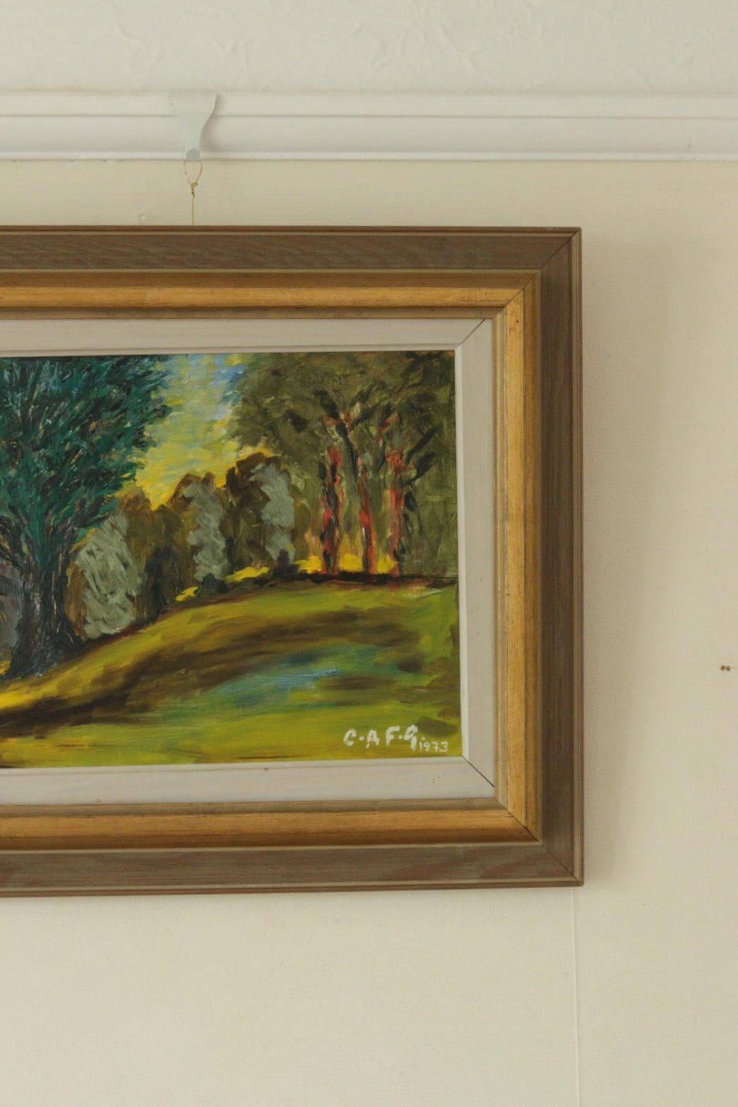 Huile sur panneau suédoise, "Lever de soleil dans un paysage de parc" par Gustaf Forsberg