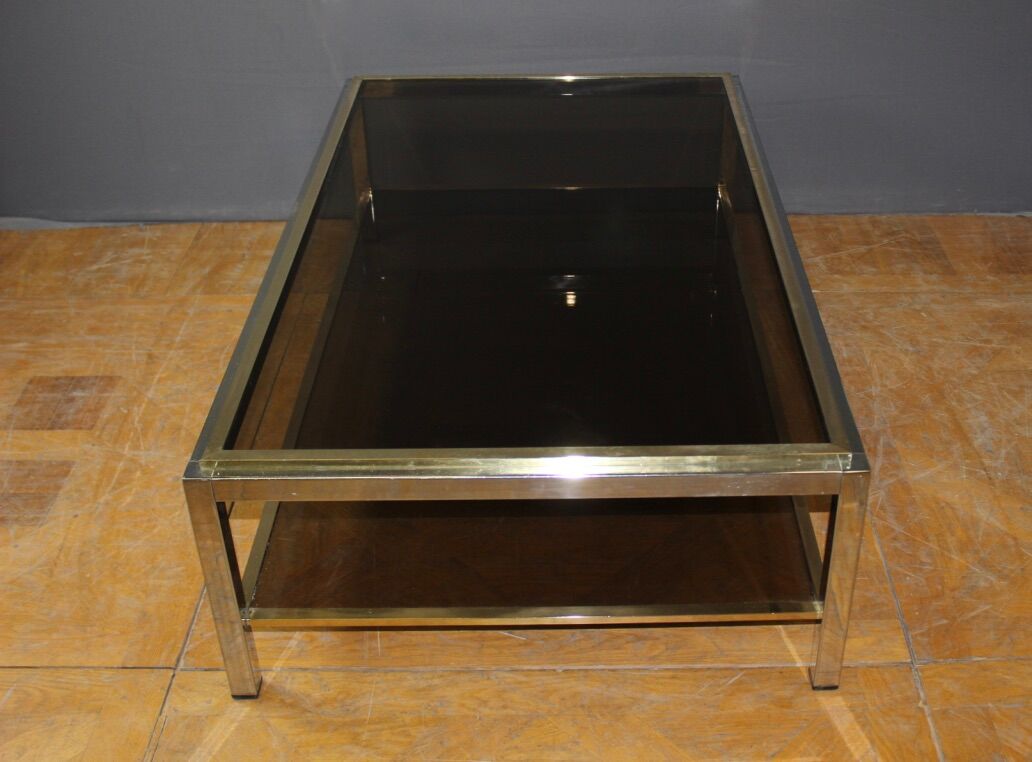 Table basse à double plateaux en chrome et doré vers 1970