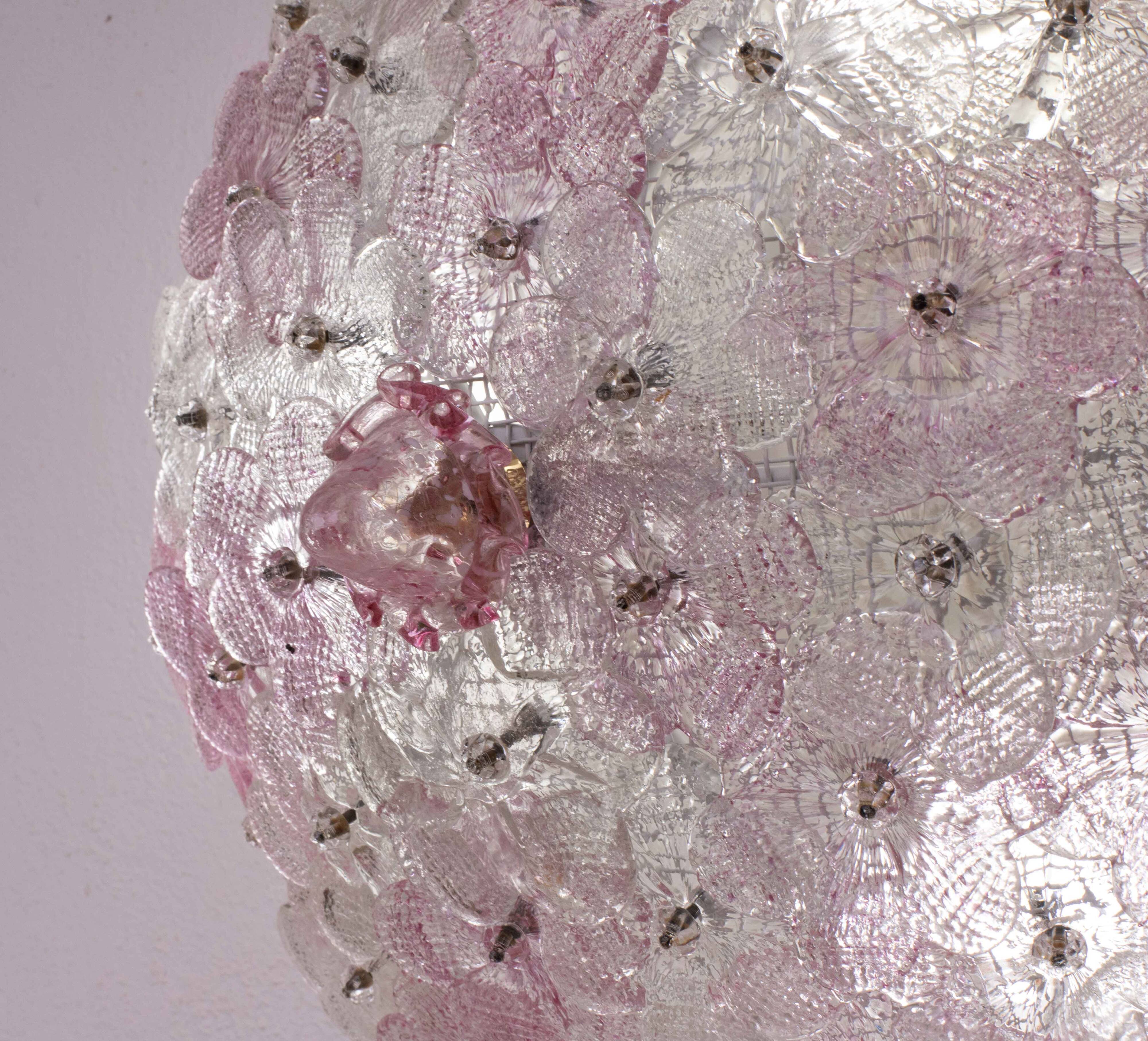 Charming Murano Ceiling Light Pink Flower by Seguso for Venini, Italy, 1970