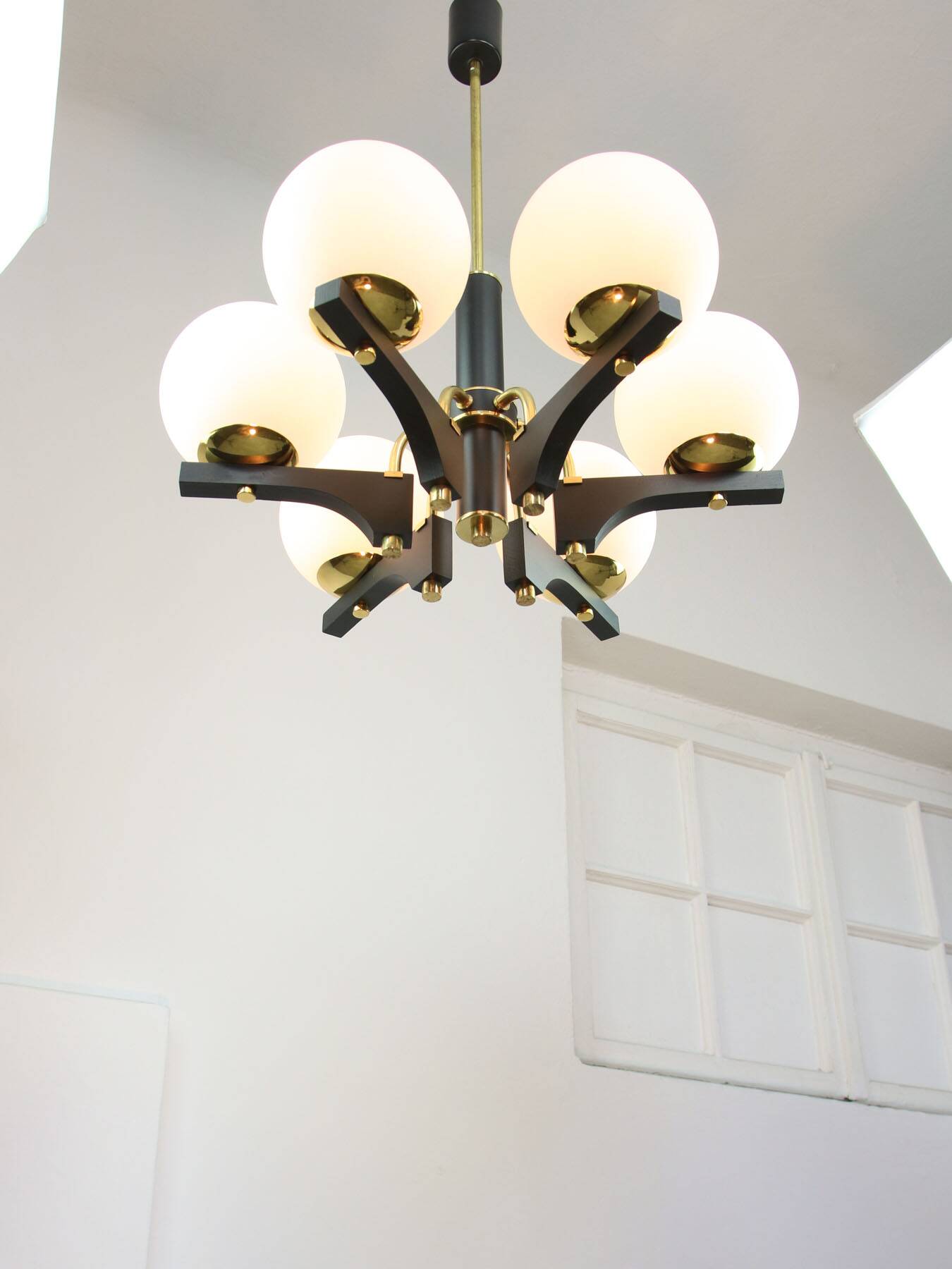 Mid-Century Modern Italian Brass and Opaline Chandelier