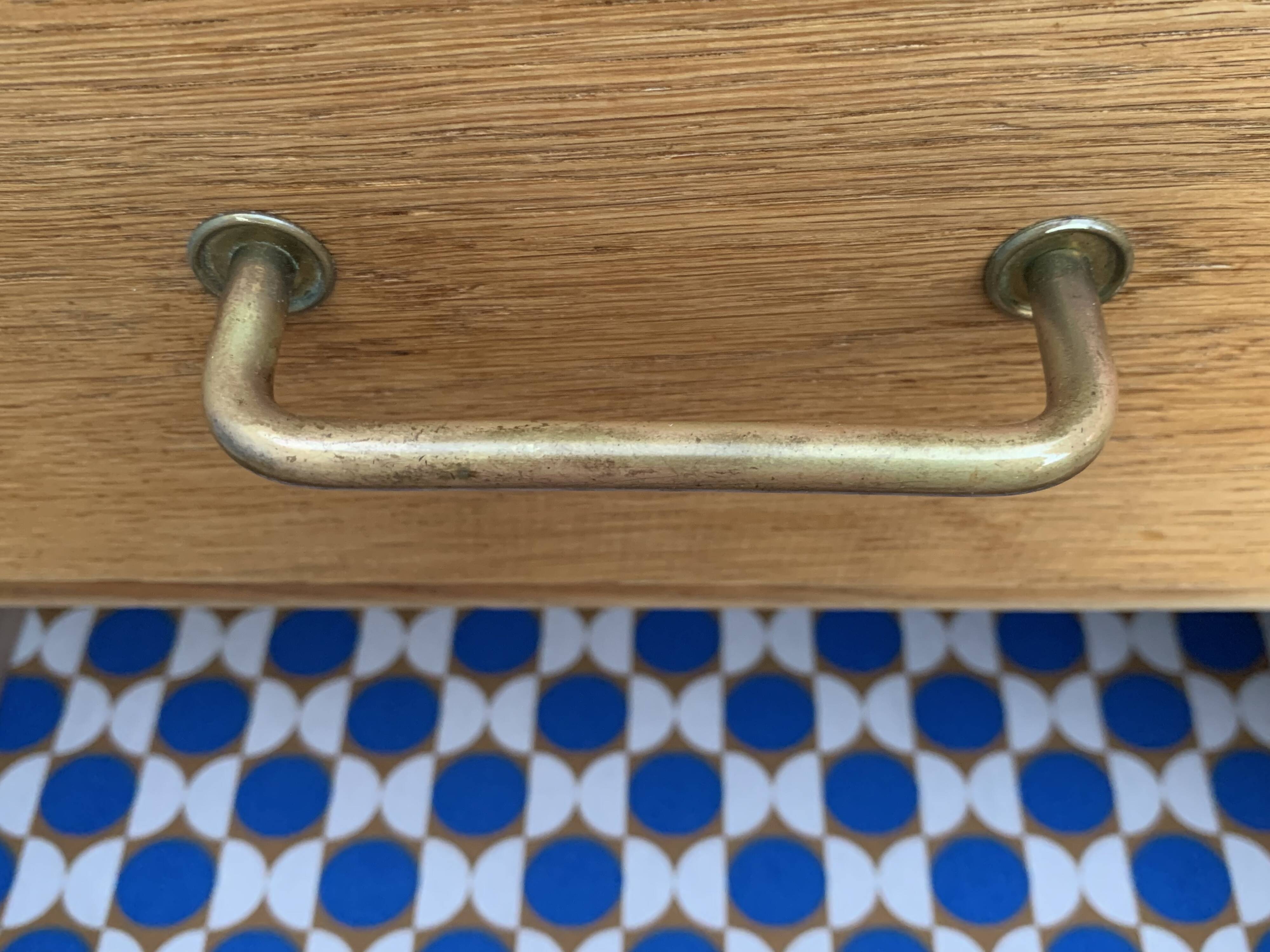 Chest of drawers with compass feet, raw wood, 1950s