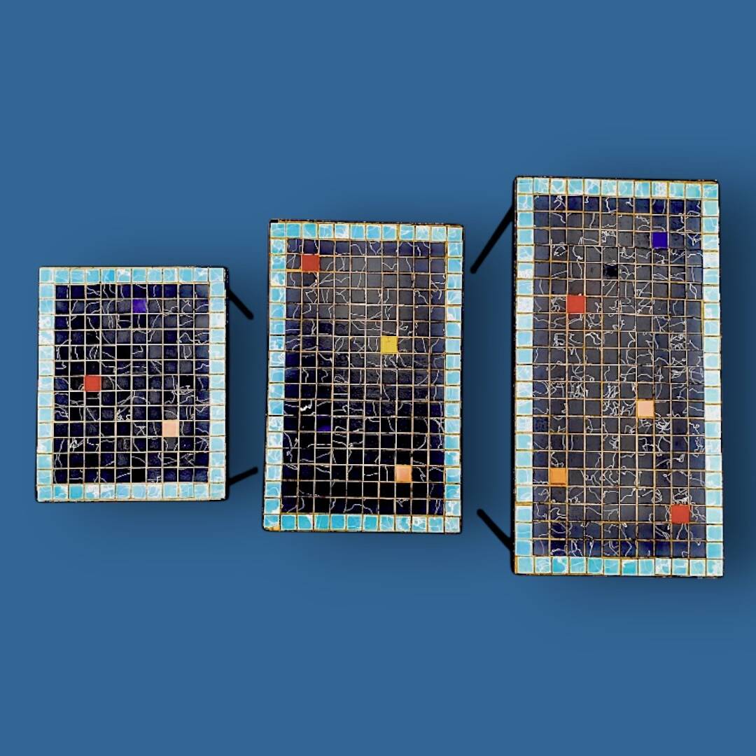 Trio of vintage nesting tables in mosaic and wrought iron