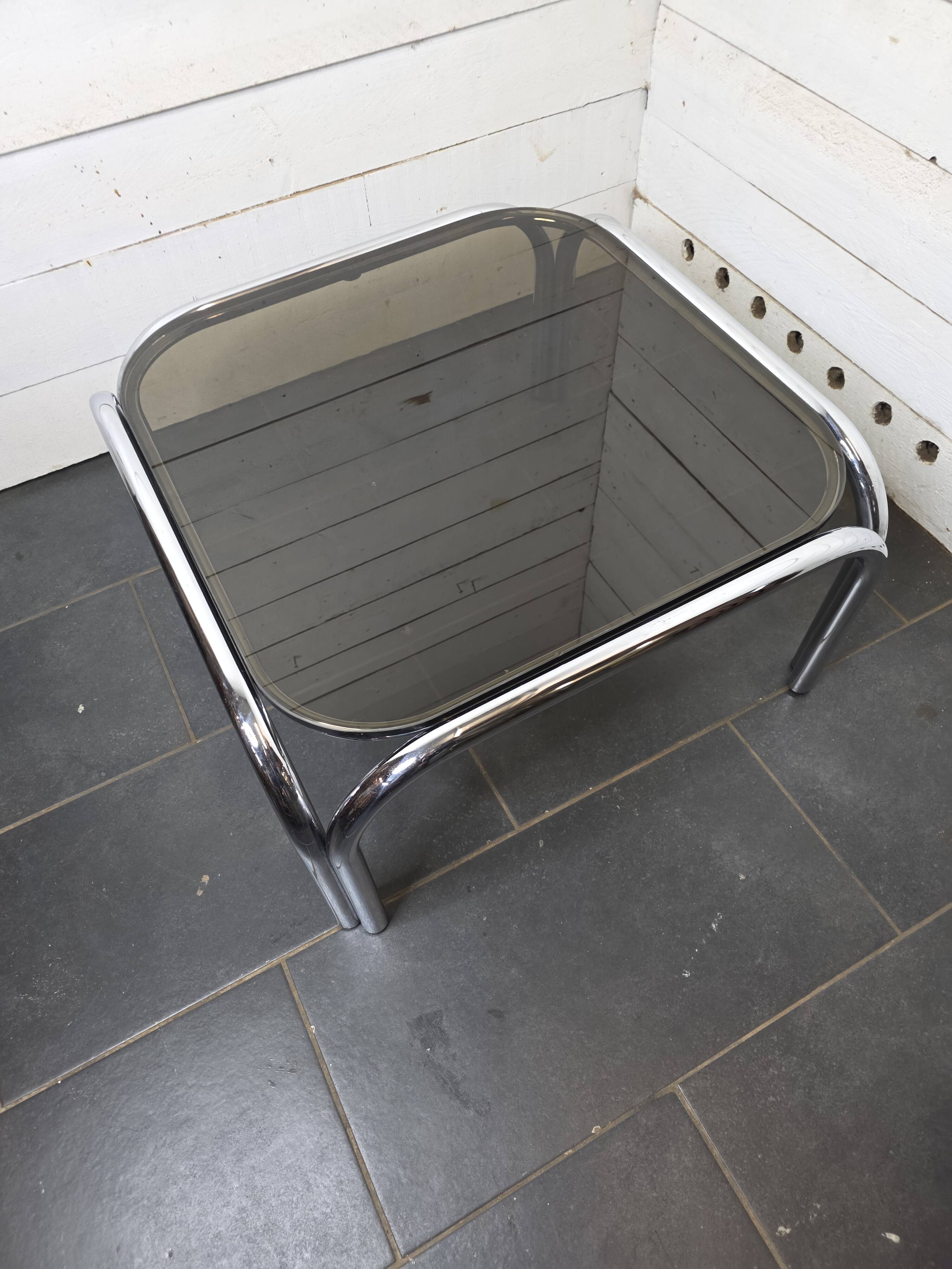 Chrome metal coffee table with smoked glass top from the 70s