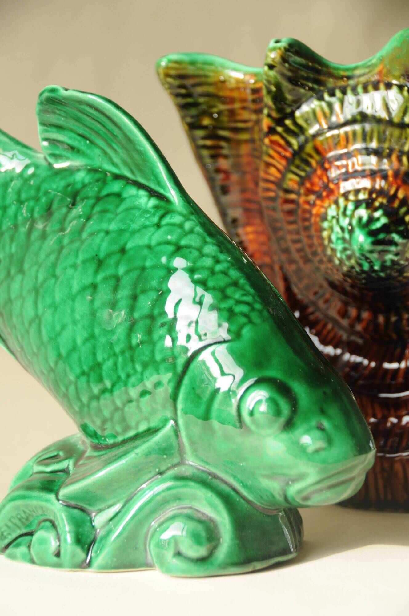 Vintage Green Decorative Fish Sculpture Art Deco Saint Clément Ceramic
