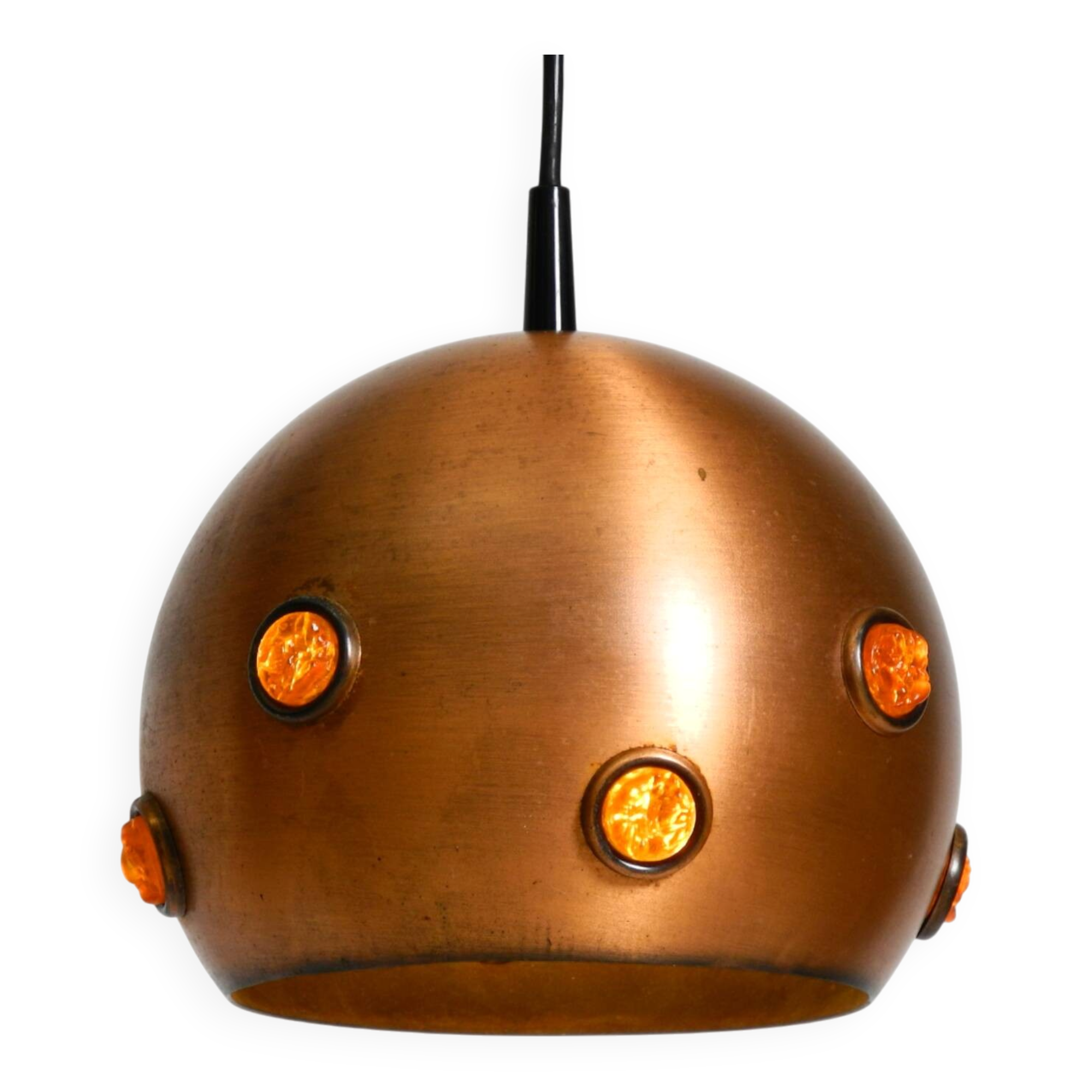 Original 1960s solid copper pendant lamp with orange synthetic glass stones