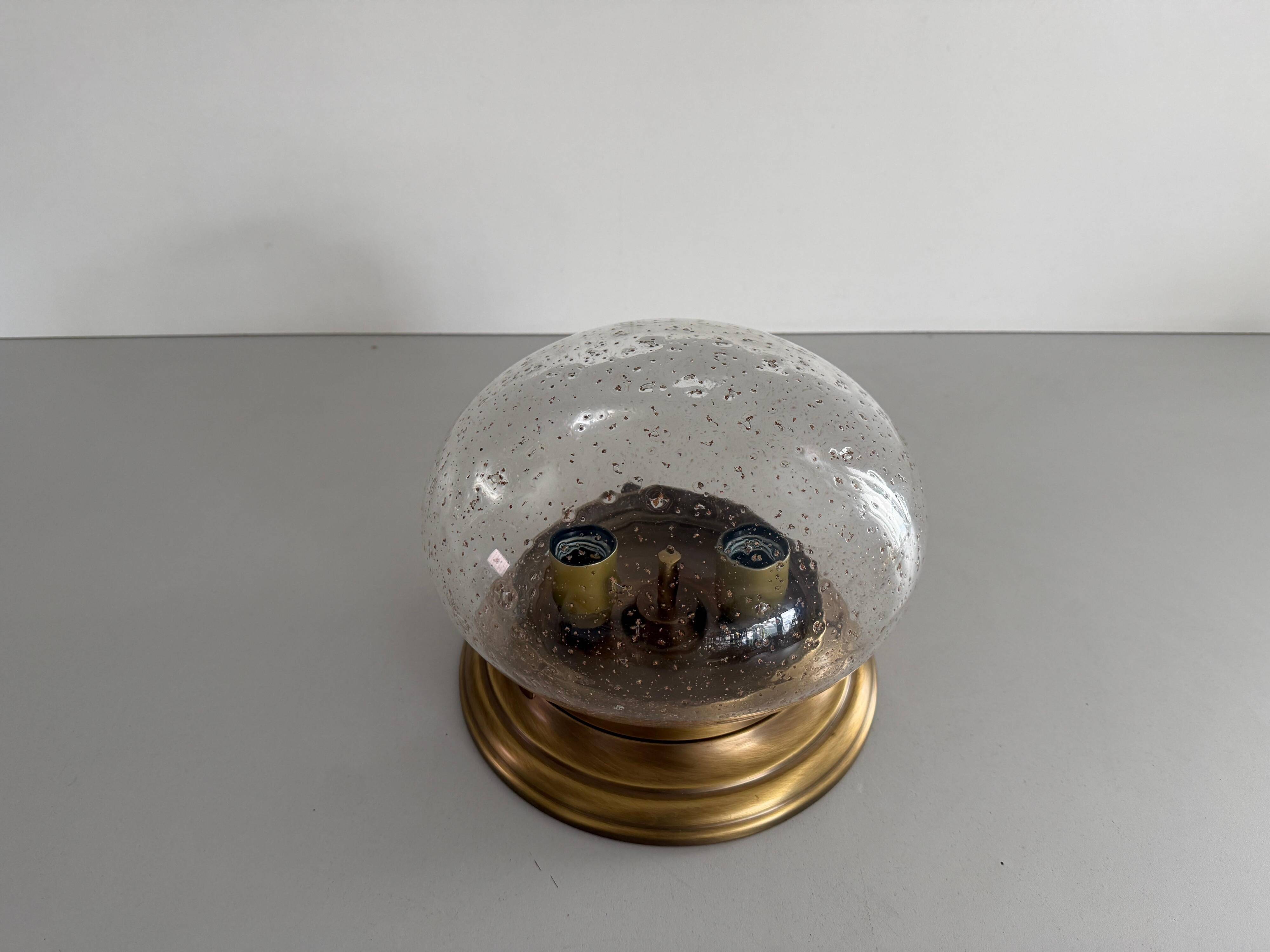 Flush glass shade with bubble pattern and brass base by Hillebrand, 1960s, Germany.