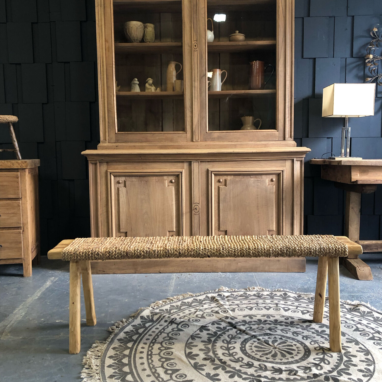 Handmade bench, wood and water hyacinth