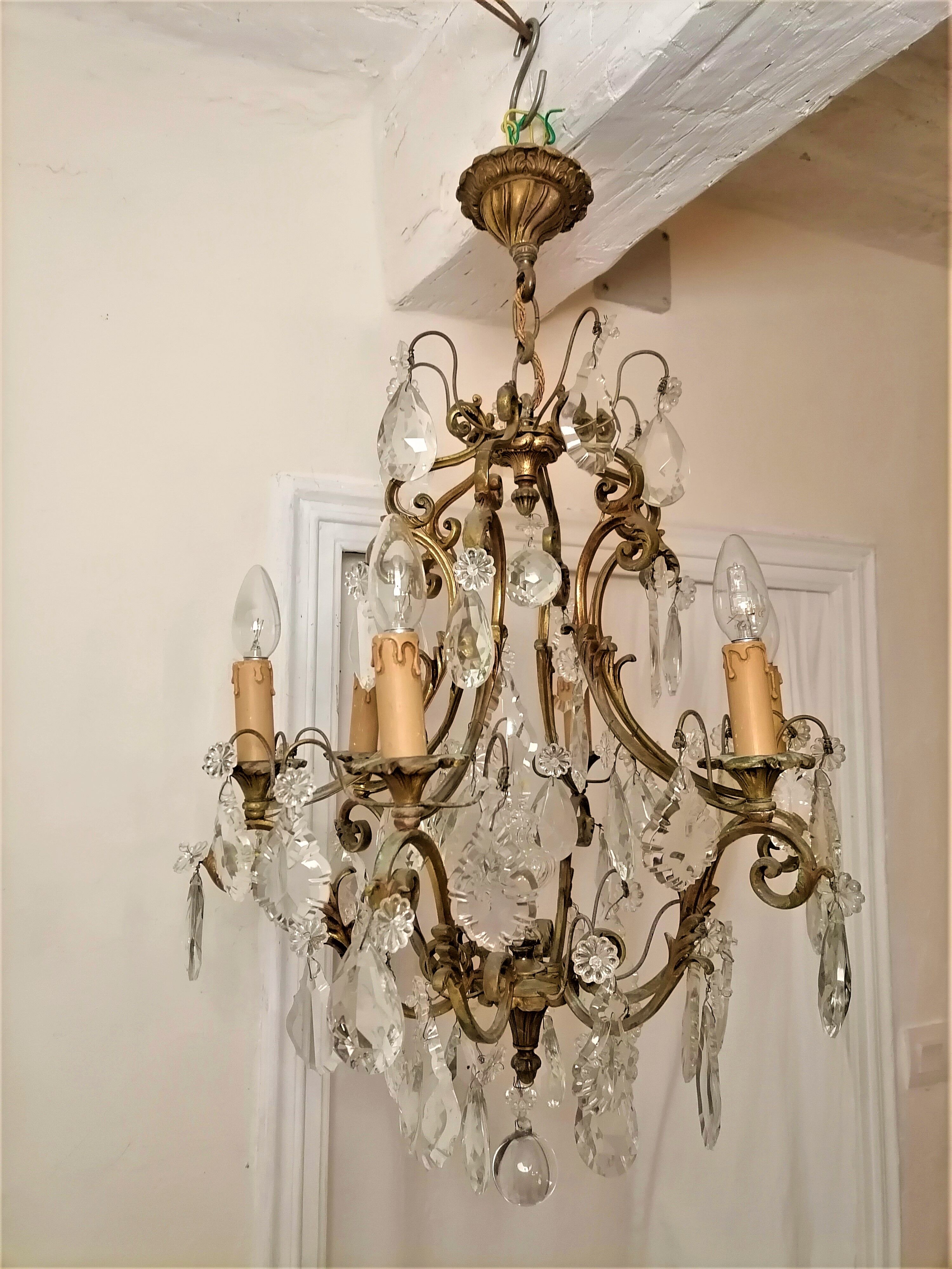 Old cage chandelier. Bronze and tassels. 6 arms of lights.