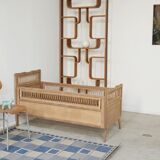 Children's bed in wood and sandblasted rattan from the 1960s.