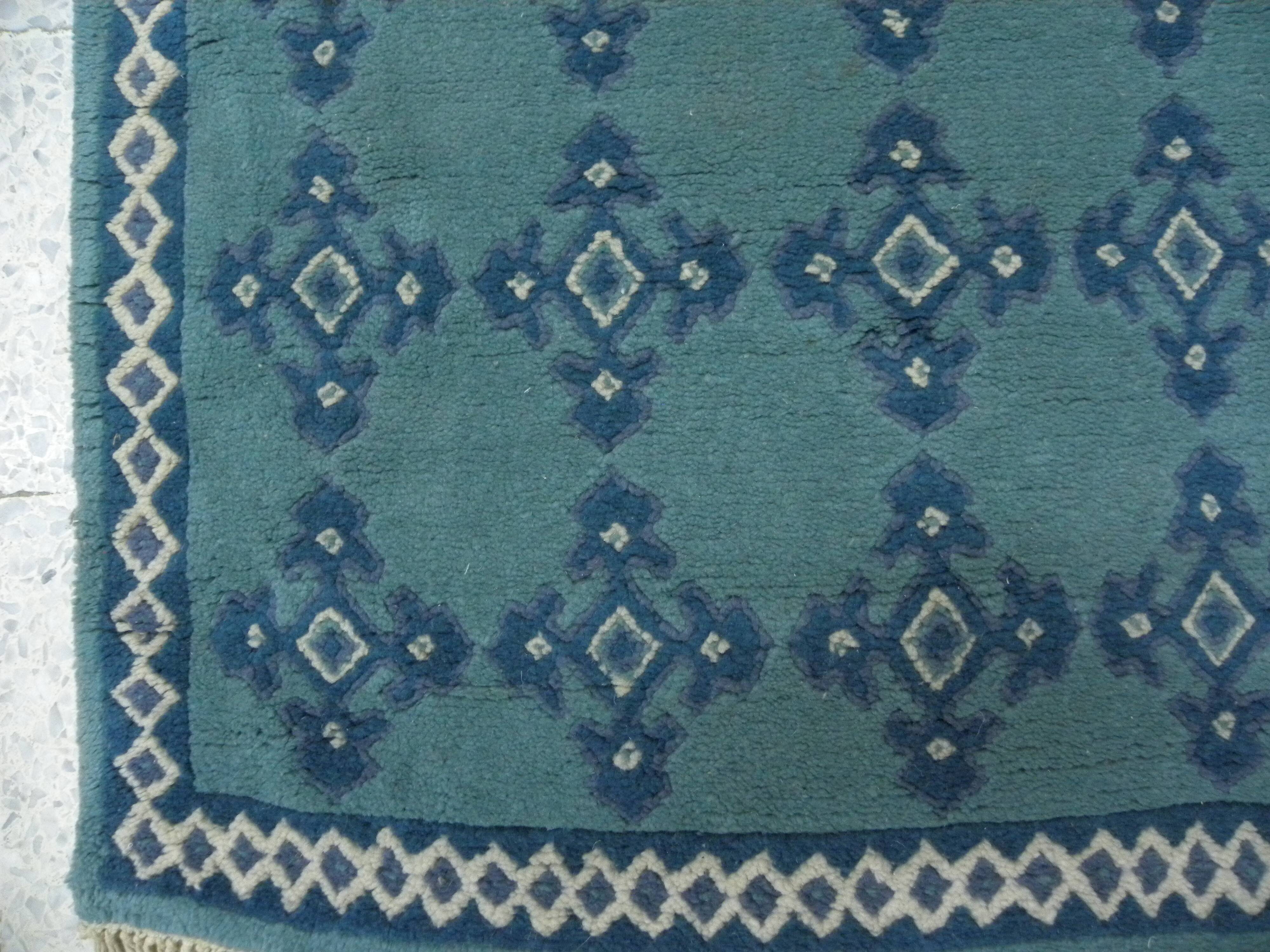 Vintage Traditional Oriental Carpet Green Blue Hand-Knotted Wool