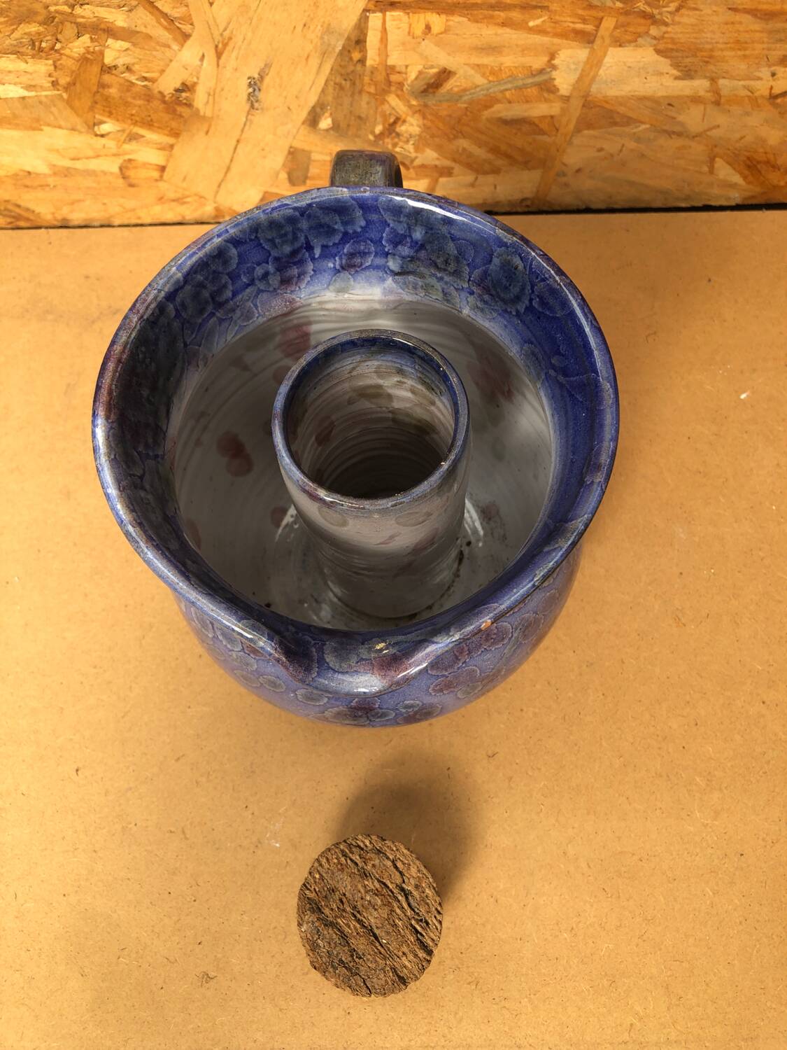 Old Vintage Blue Enamelled Terracotta Carafe Refresher Pitcher