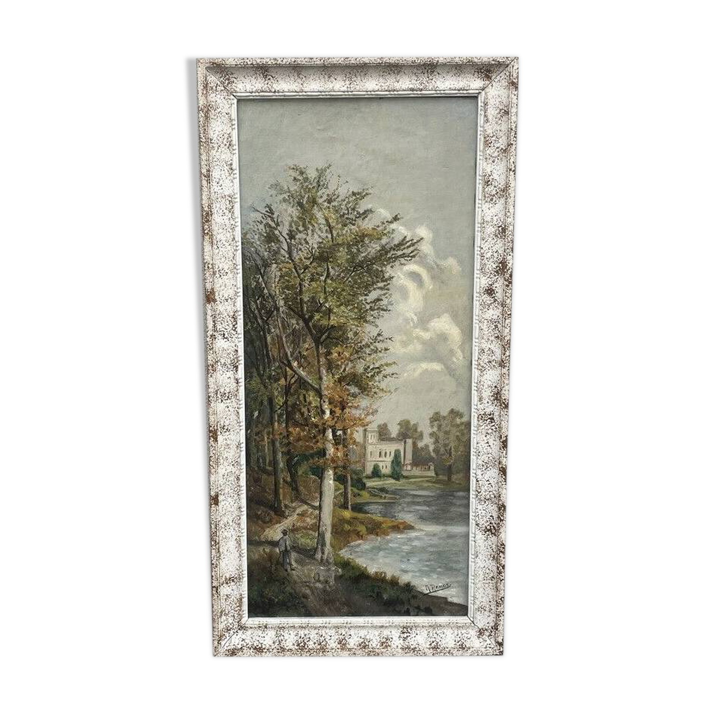 Oil on panel, animated landscape of a walker, Signed Ramos, early 20th century