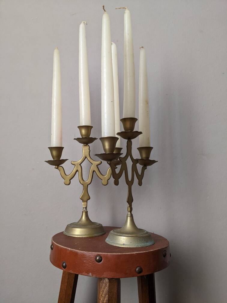 Pair of 3-branch brass candlesticks, Scandinavian country bohemian decoration
