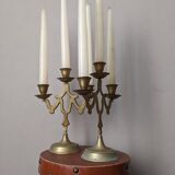 Pair of 3-branch brass candlesticks, Scandinavian country bohemian decoration