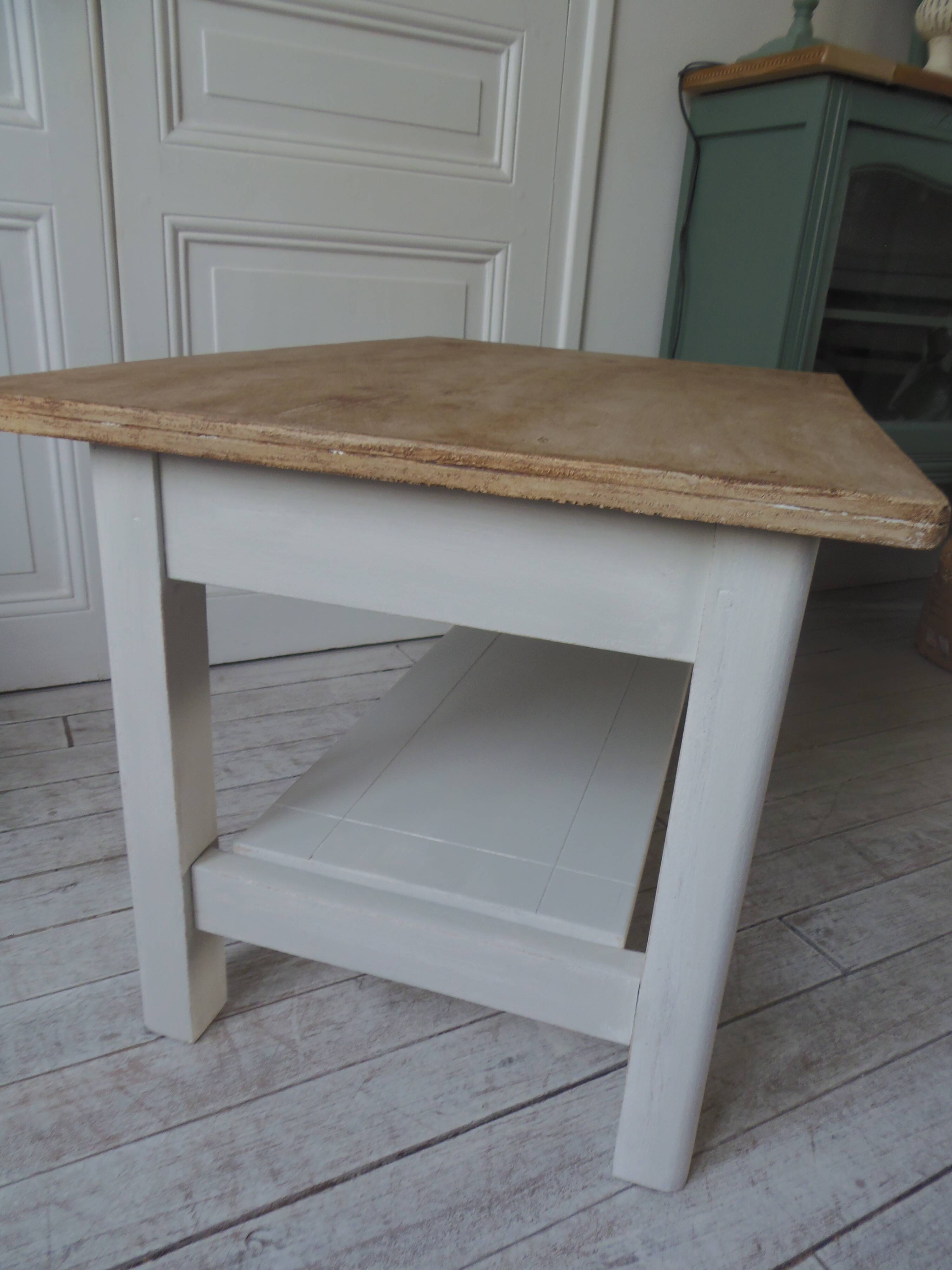 Coffee table made from a vintage table, pearl gray patina, wooden top.