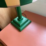 Pair of wooden bedside lamps with striped lampshades