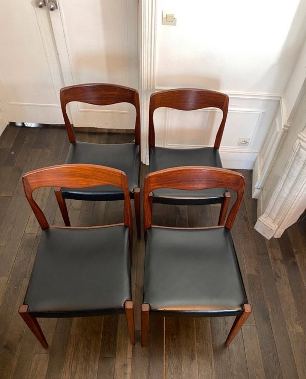 Set of 4 vintage designer chairs in teak and black skai 60's
