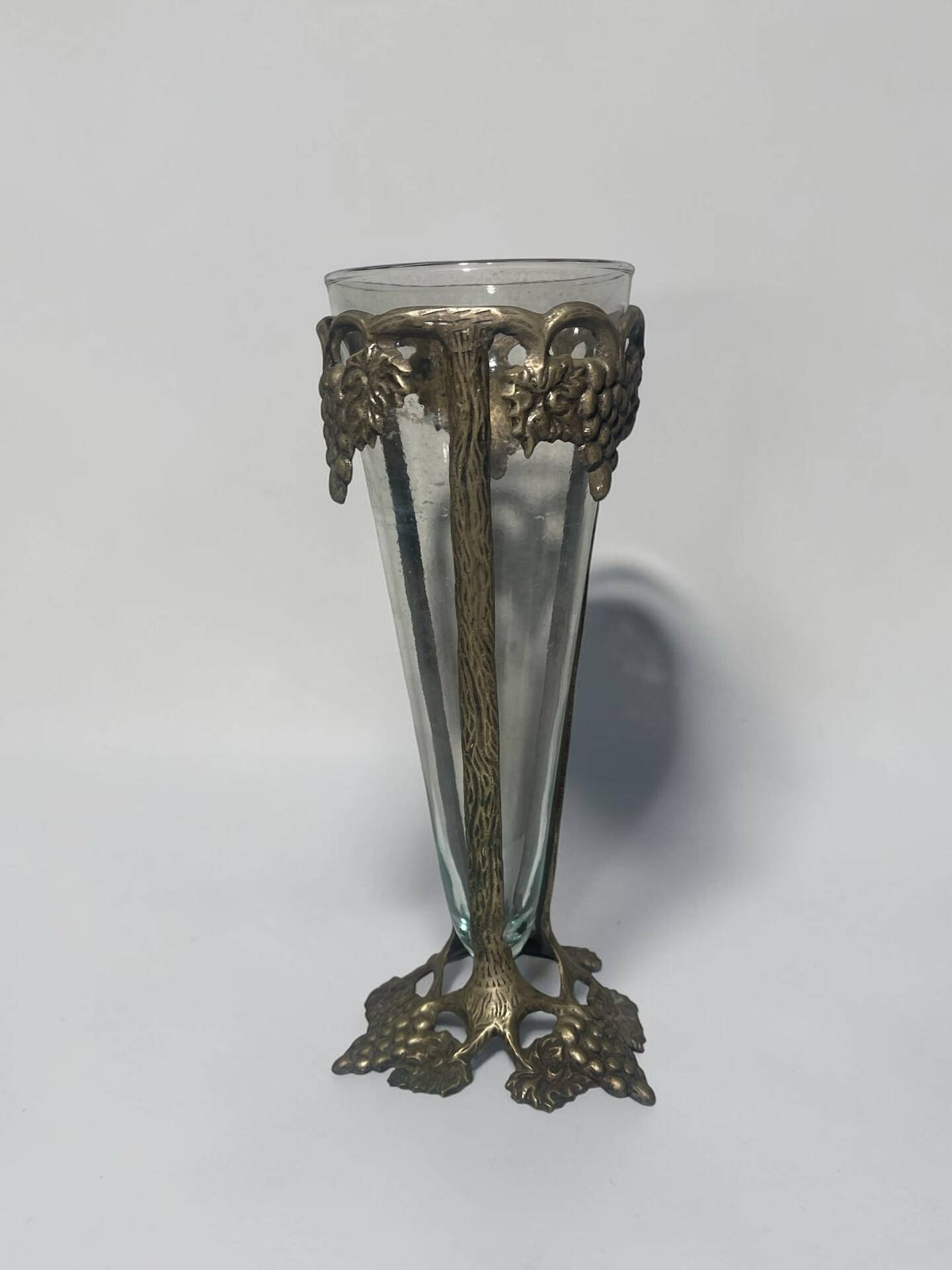 Antique Art Nouveau vase in patinated bronze metal with removable glass.