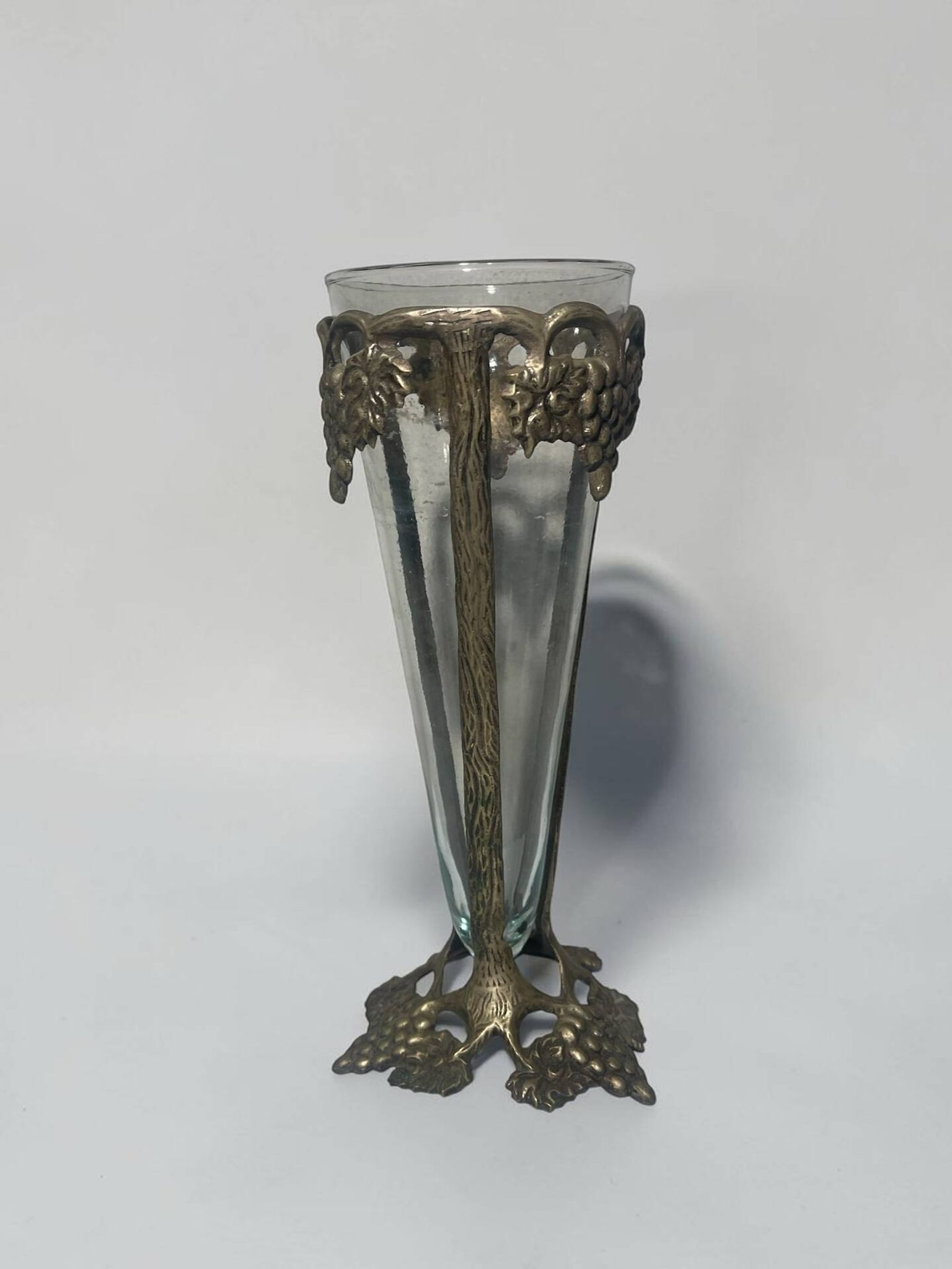 Antique Art Nouveau vase in patinated bronze metal with removable glass.