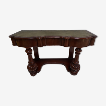 Biedermeier mahogany wall console table or desk with leather inlay top and drawer