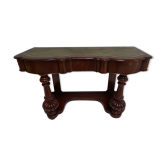 Biedermeier mahogany wall console table or desk with leather inlay top and drawer