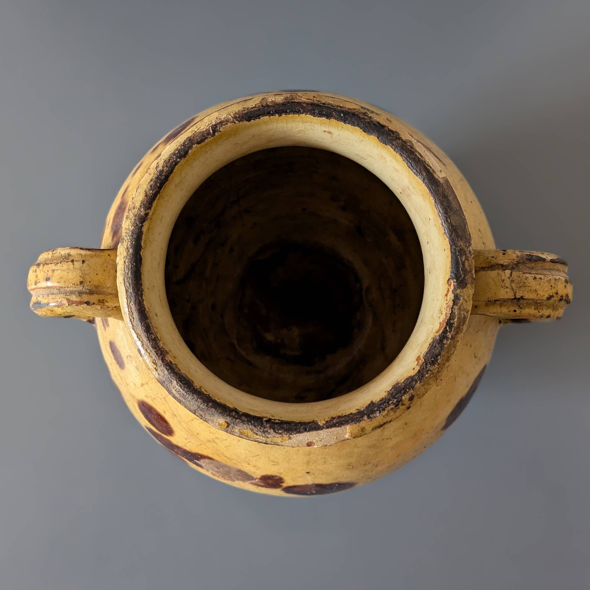 Antique glazed earthenware preserve pot in ochre and brown – southern pottery