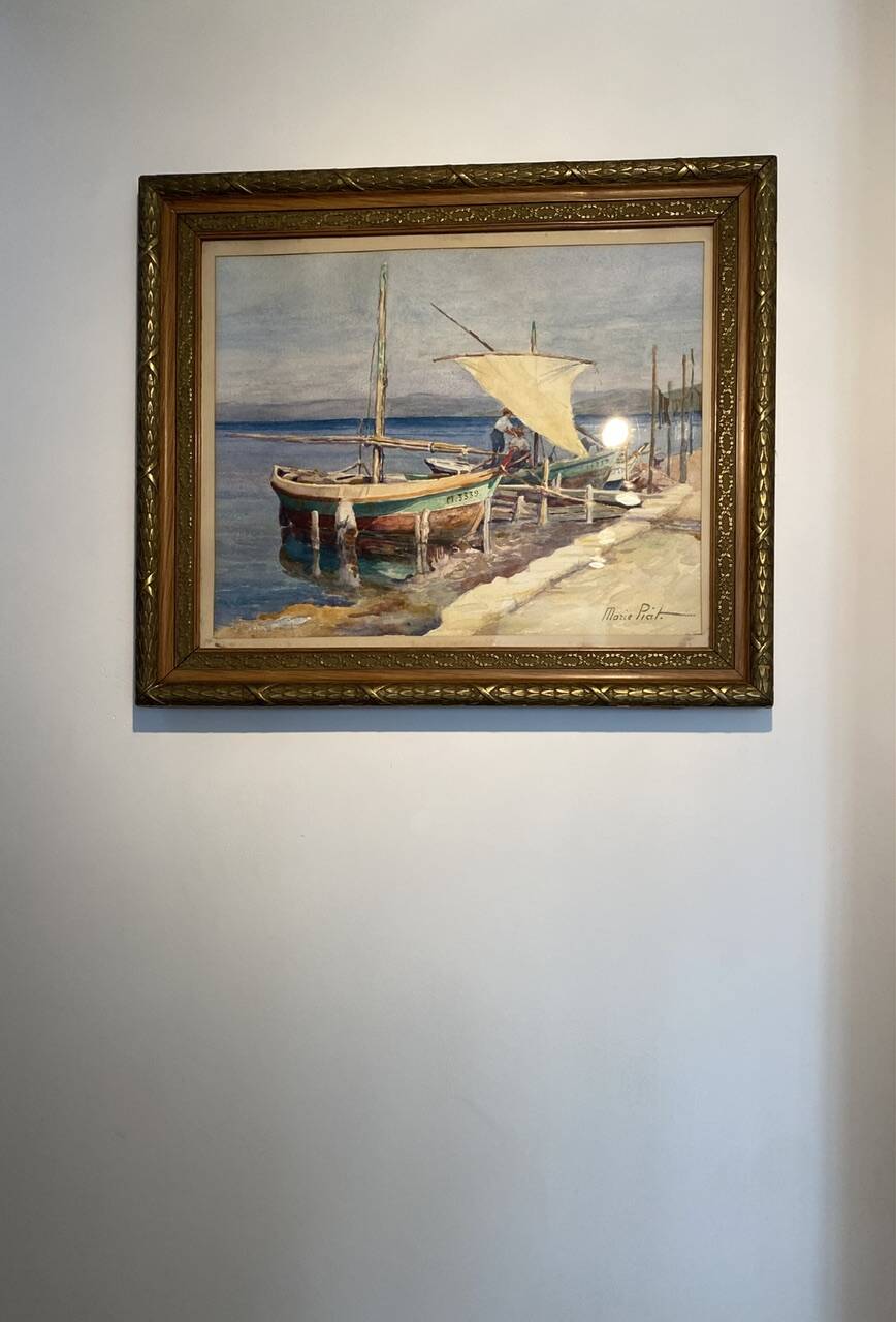 Old painting "Marine with boats" signed Marie Piat, 1930s-40s