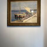 Old painting "Marine with boats" signed Marie Piat, 1930s-40s