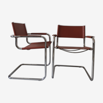 pair of tibular chairs design metal and leather, 1970