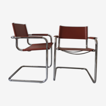 Paire de chaises tibulaire design métal et cuir 1970