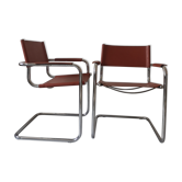 Paire de chaises tibulaire design métal et cuir 1970