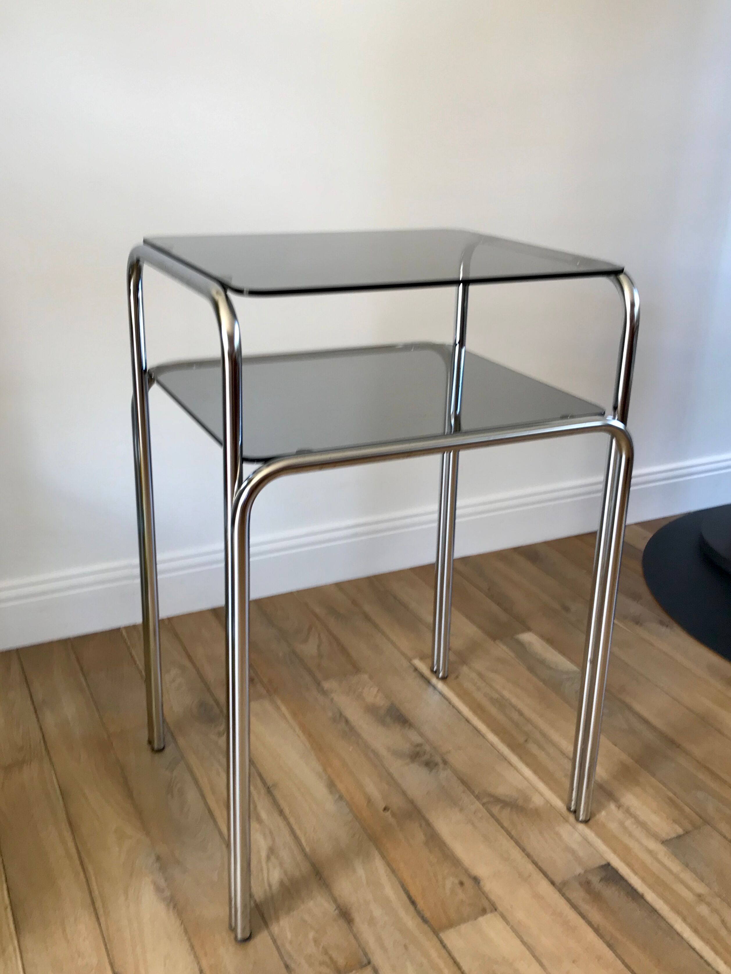 Side table in chrome and smoked glass 70s
