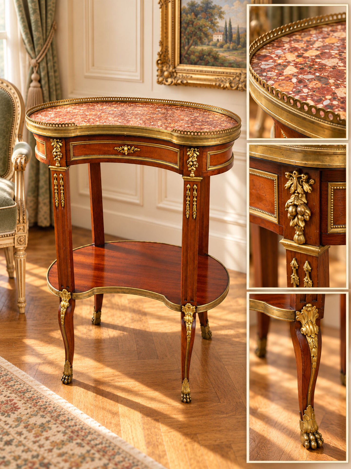Kidney table in mahogany, brocatelle marble, Louis XV Transition, 19th century.