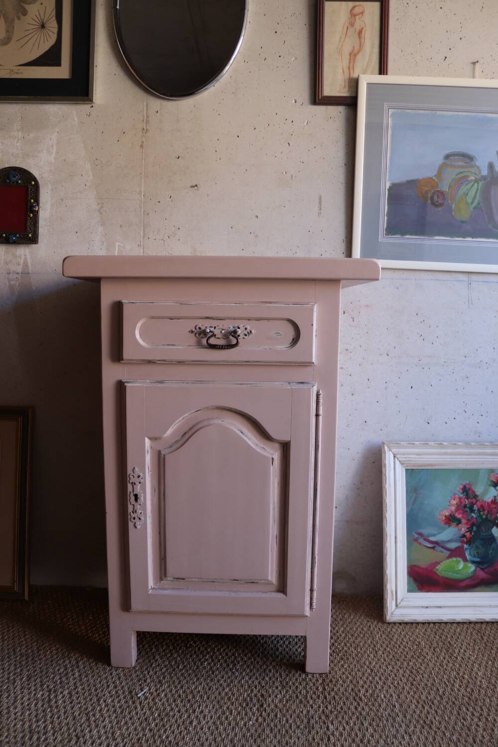 Old high jam bowl in pink painted solid wood