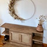 Antique TV cabinet in solid raw oak and canework
