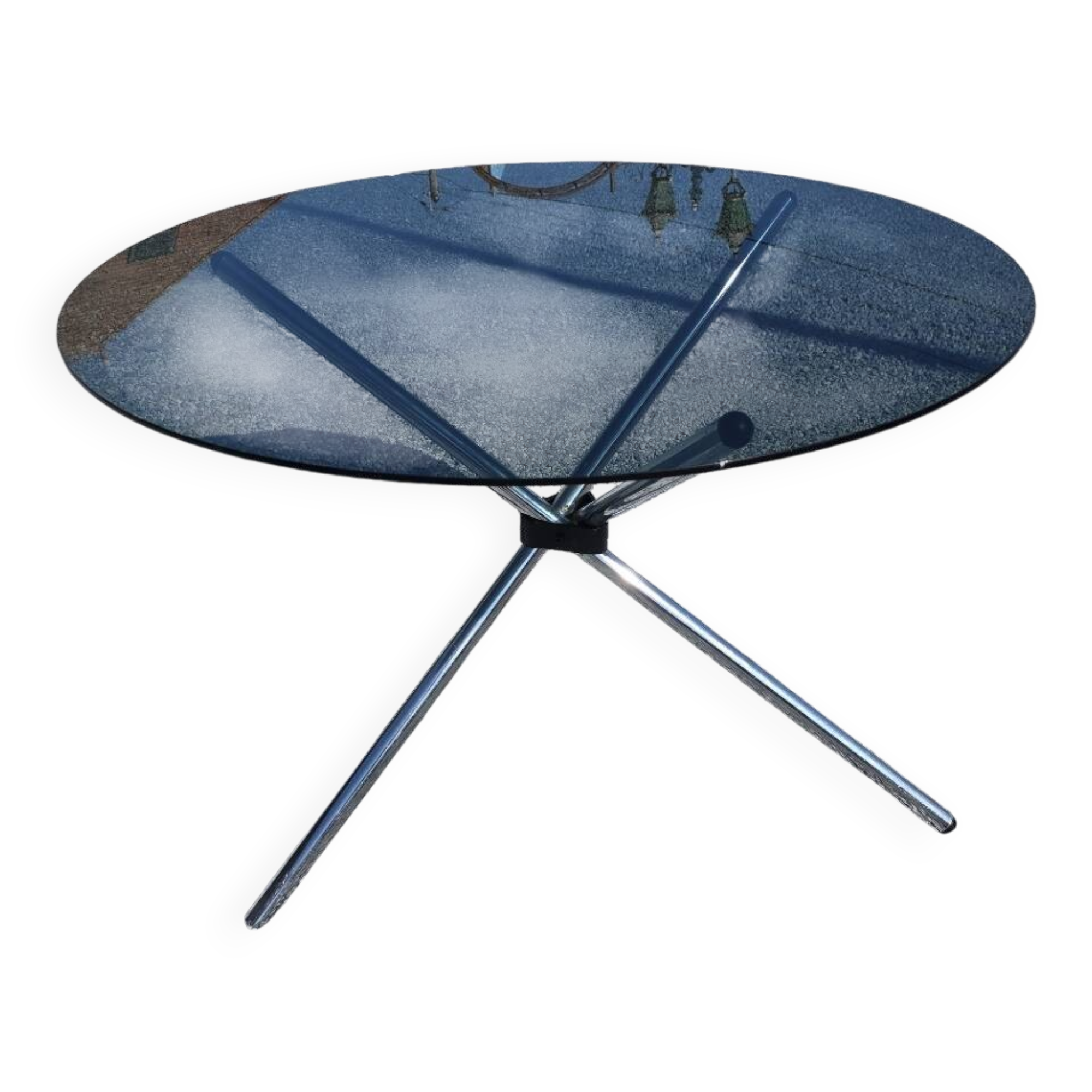 Round chrome metal table with smoked glass top from the 70s