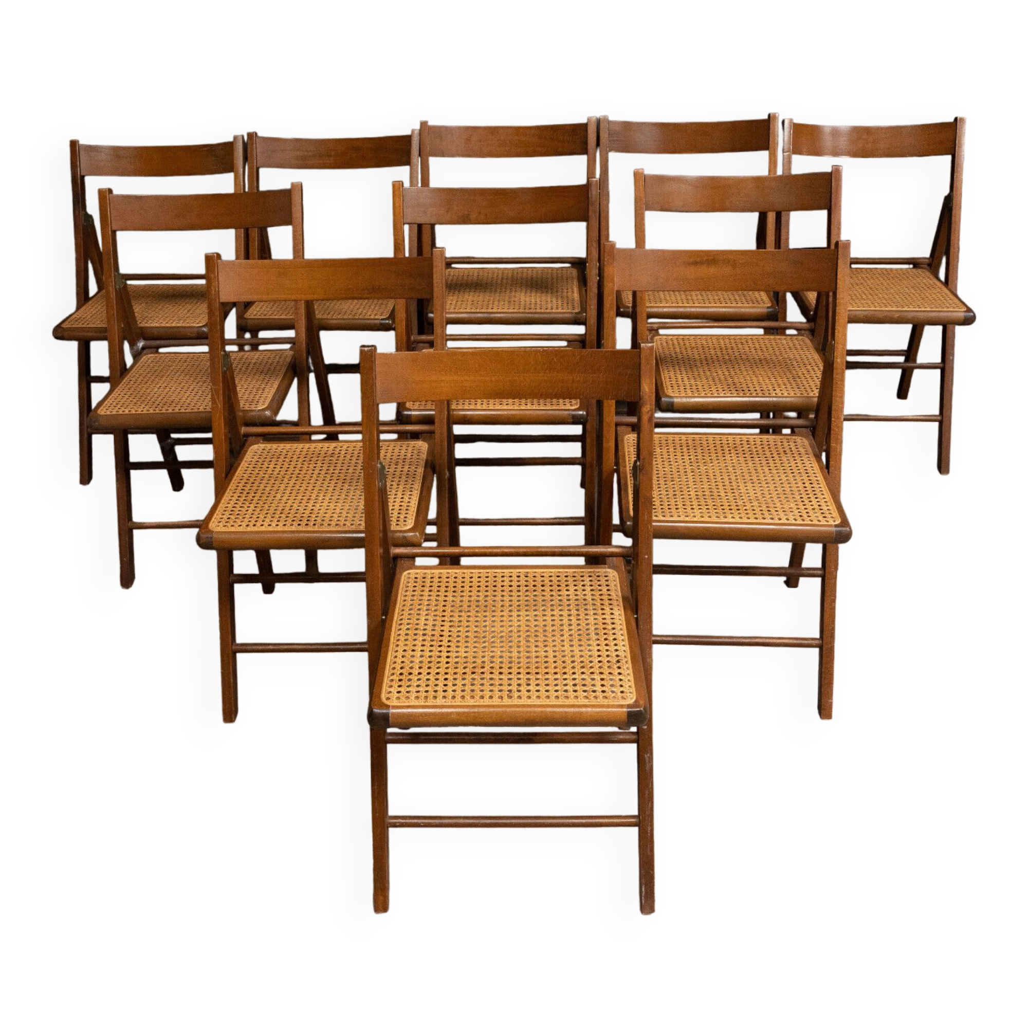 Suite of 11 folding chairs with canning 1980 wooden surround