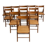Suite of 11 folding chairs with canning 1980 wooden surround