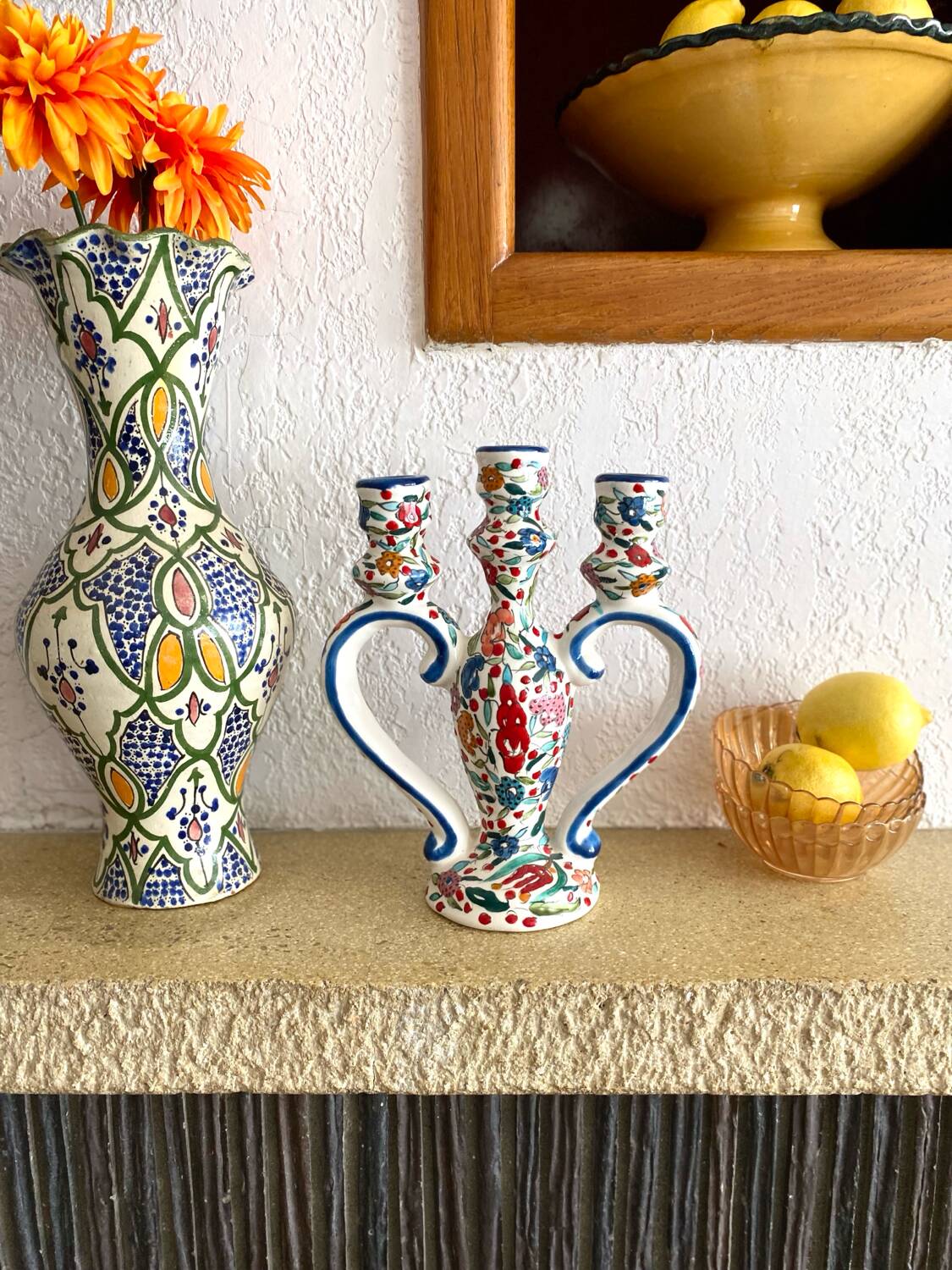 Three-branch candle holder in antique hand-painted ceramic
