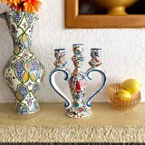 Three-branch candle holder in antique hand-painted ceramic